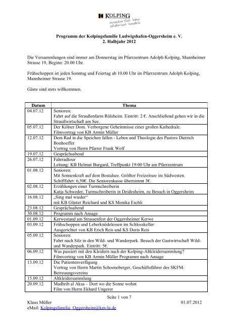 Programm Der Kolpingsfamilie Ludwigshaven Oggersheim E