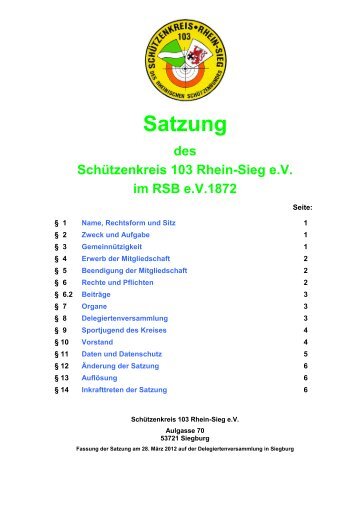 Satzung SchÃ¼tzenkreis 103 Rhein-Sieg im RSB e.V. - Bezirk 10 Bonn