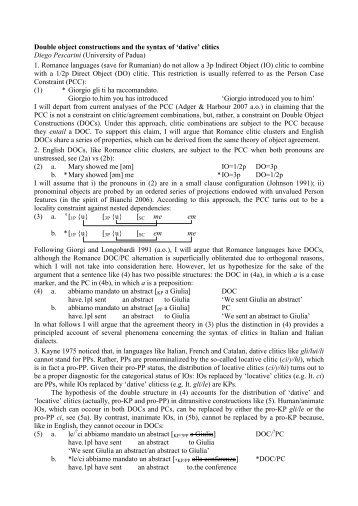 Double object constructions and the syntax of 'dative' clitics