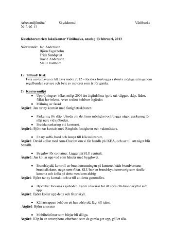 ArbetsmiljÃ¶mÃ¶te/ Skyddsrond VÃ¤rÃ¶backa 2013-02-13 ... - SLU