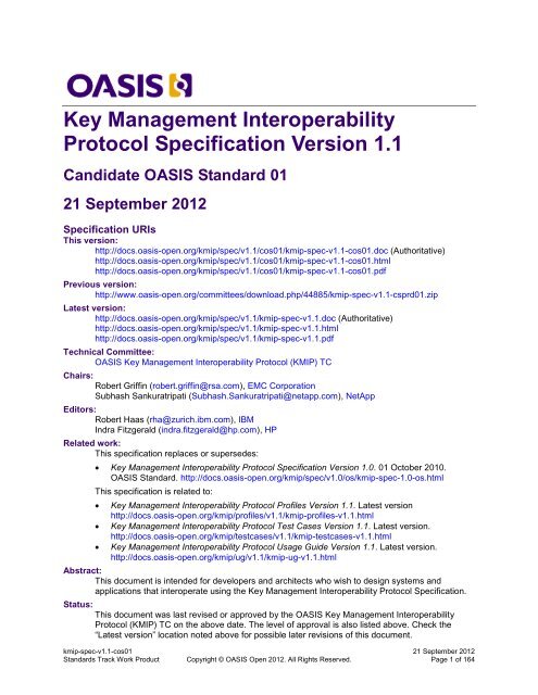 Key Management Interoperability Protocol Specification Version 1.1