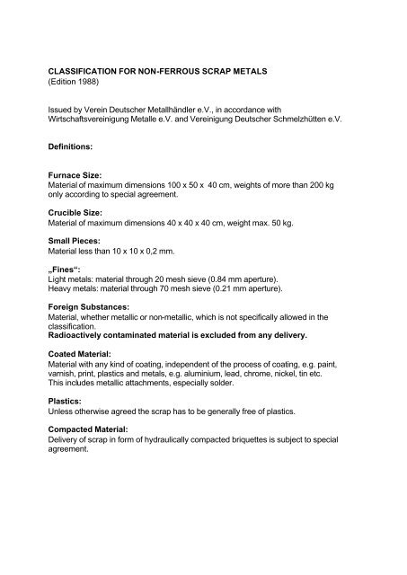 Scrap Classification Chart CLASSIFICATION FOR NON-FERROUS SCRAP METALS (Edition ...