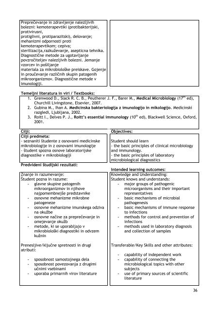 opisi predmetov - Medicinska fakulteta Maribor - Univerza v Mariboru