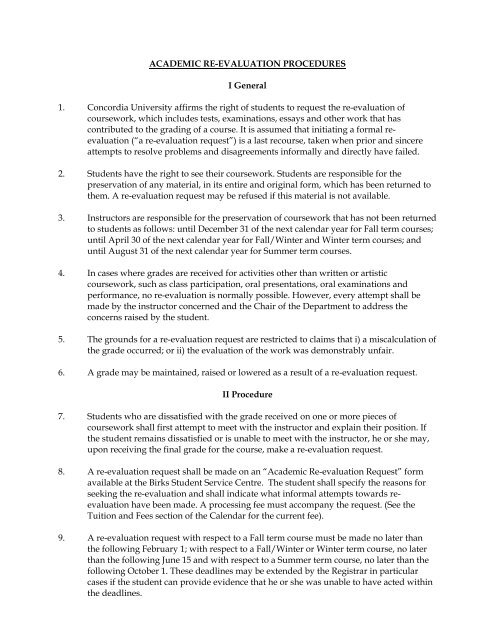 Academic Re Evaluation Procedures Concordia University