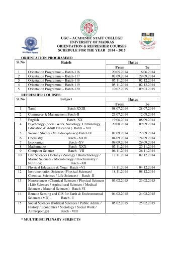 orientation & refresher courses schedule for the year 2013