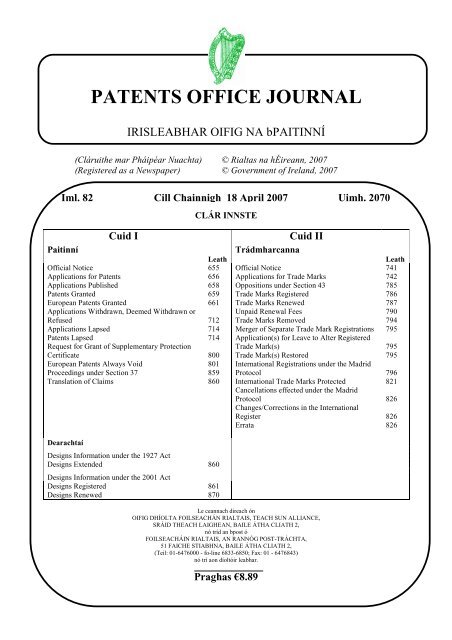 PATENTS OFFICE JOURNAL - Irish Patents Office