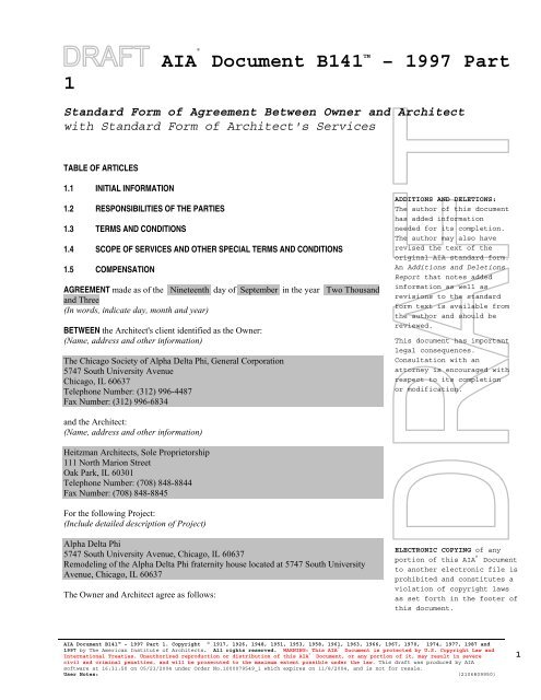 Part 1 Agreement Between Owner and Architect