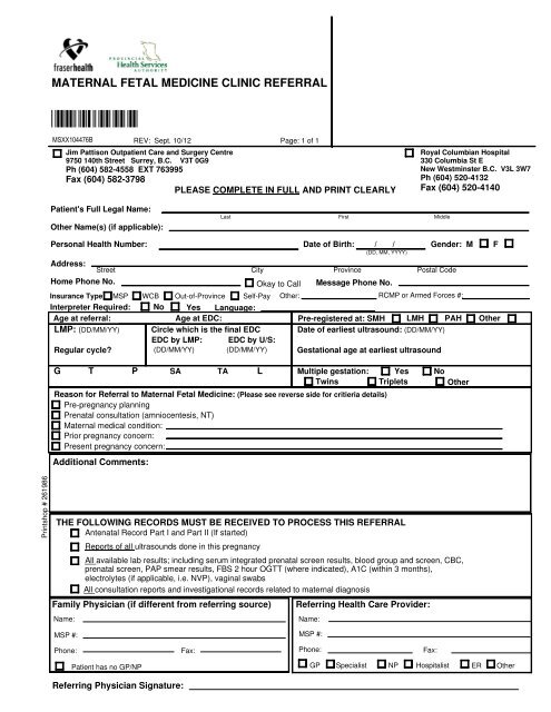 Maternal Fetal Medicine Clinic Referral Form - Physicians