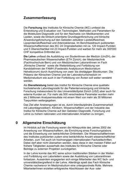 Akademischer Bericht 2002 - Institut für Klinische Chemie ...