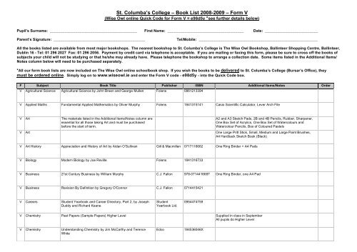 St Columba S College A Book List 08 09 A Form V