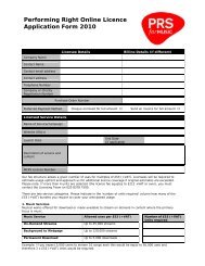 Performing Right Online Licence Application Form 2010 - PRS