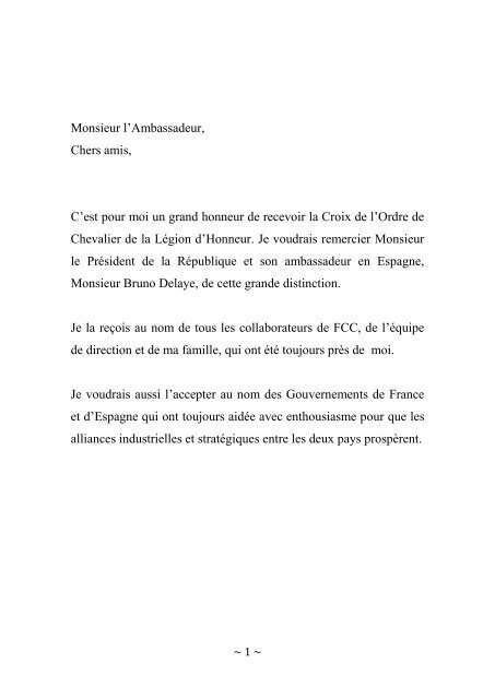 Monsieur l'Ambassadeur, Chers amis, C'est pour moi un ... - FCC