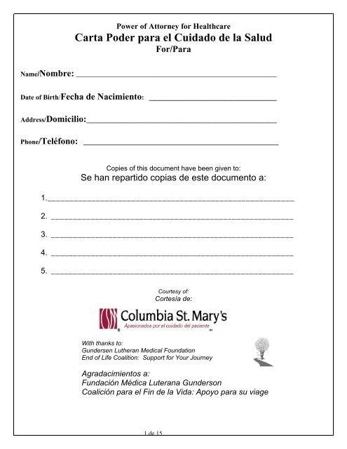 Carta Poder para el Cuidado de la Salud - Columbia St. Mary's