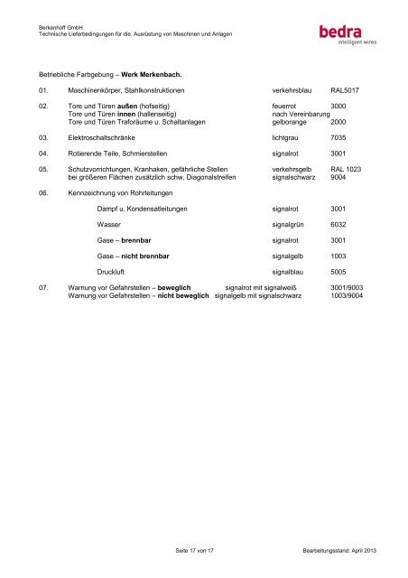 Technische Lieferbedingungen für die Ausrüstung von ... - Bedra