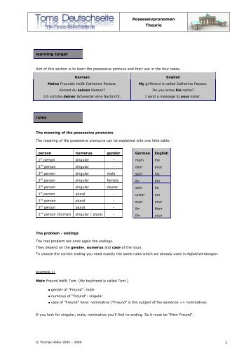 Possessivpronomen Theorie learning target rules - Toms Deutschseite