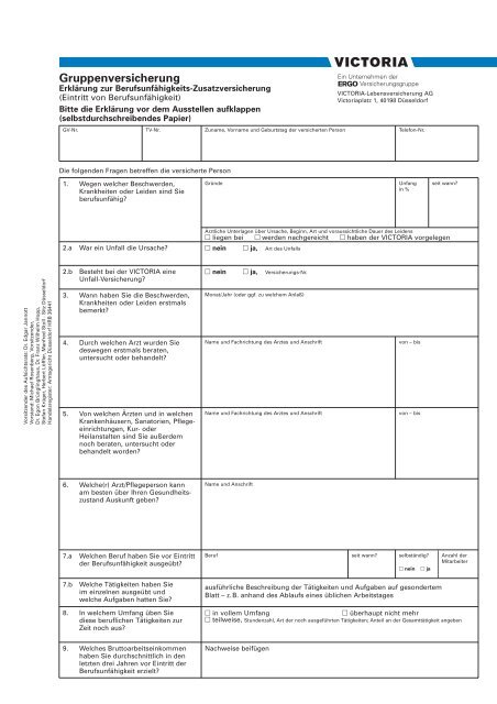 Fragebogen zur Berufsunfähigkeit - Victoria Versicherung  AG