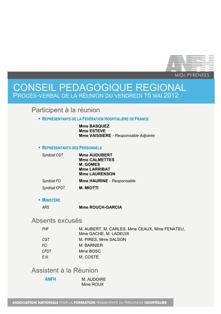 CONSEIL PEDAGOGIQUE REGIONAL - Anfh