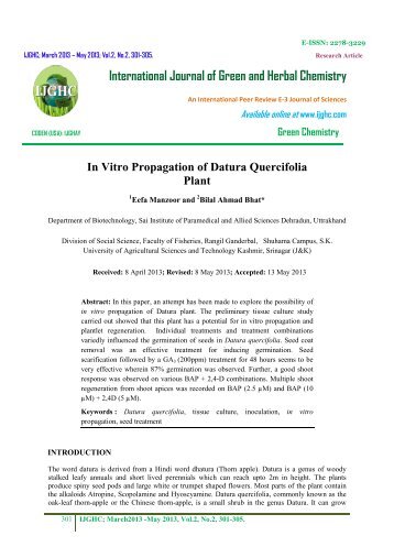 In Vitro Propagation of Datura Quercifolia Plant - IJGHC
