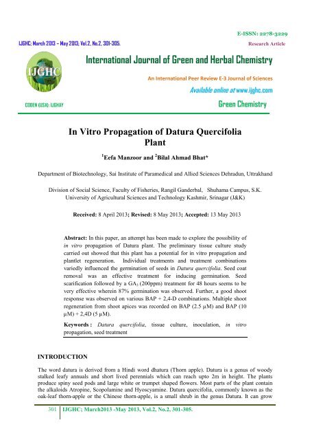 In Vitro Propagation of Datura Quercifolia Plant - IJGHC