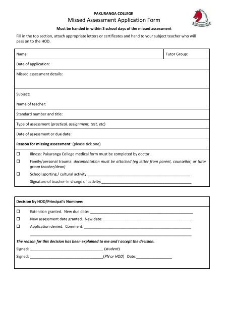 Missed Assessment, Medical & Appeal Forms - Pakuranga College