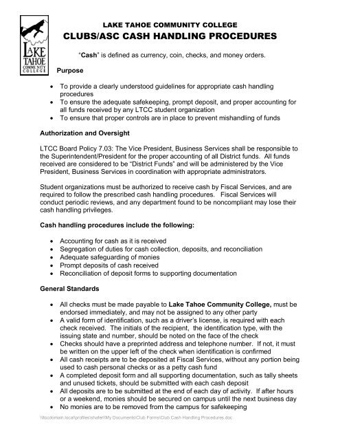 Cash Handling Procedures - Lake Tahoe Community College