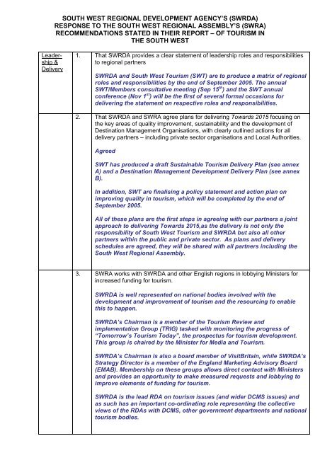 RDA Response - South West Regional Assembly