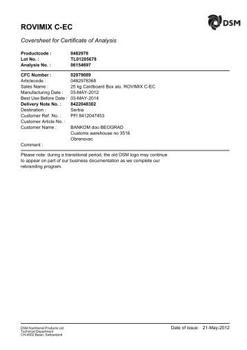 Certificate of Analysis Vitamin C - Bankom