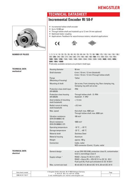 Hengstler RI58 - F Incremental Encoder Data Sheet - Automated ...