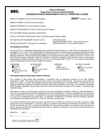 Dow Hazardous Waste Facility Operating License draft
