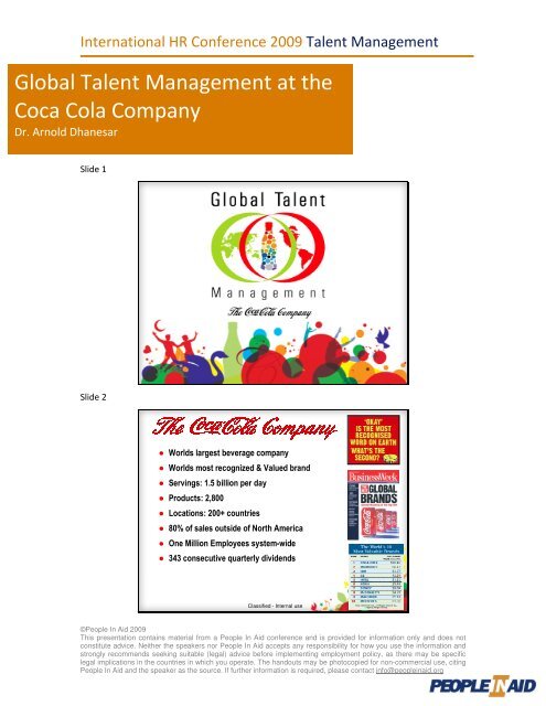 Global Talent Management at the Coca Cola Company - People In Aid