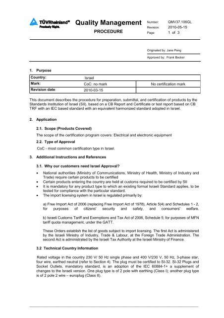 Israel CoC Procedure QMV37.106GL - Market Access Services - Tuv