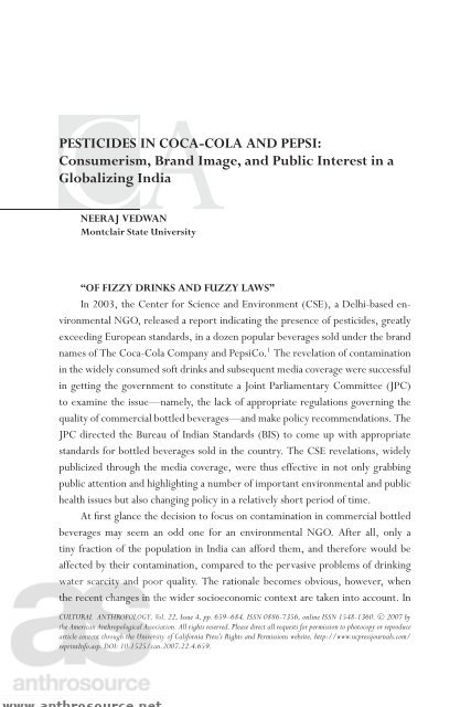 PESTICIDES IN COCA-COLA AND PEPSI - Cultural Anthropology