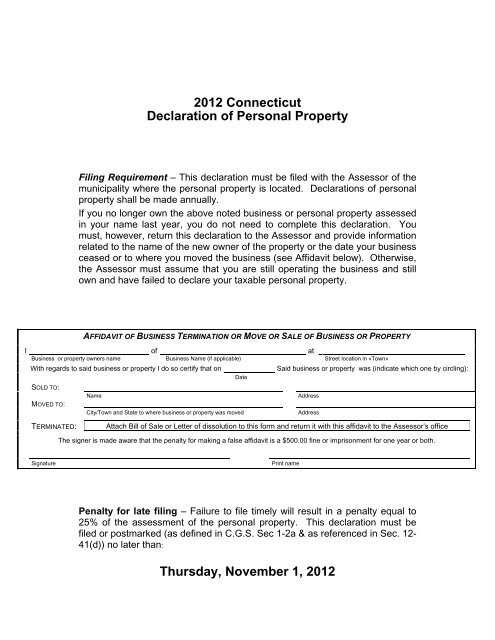 2012 Connecticut Declaration of Personal Property Thursday ...