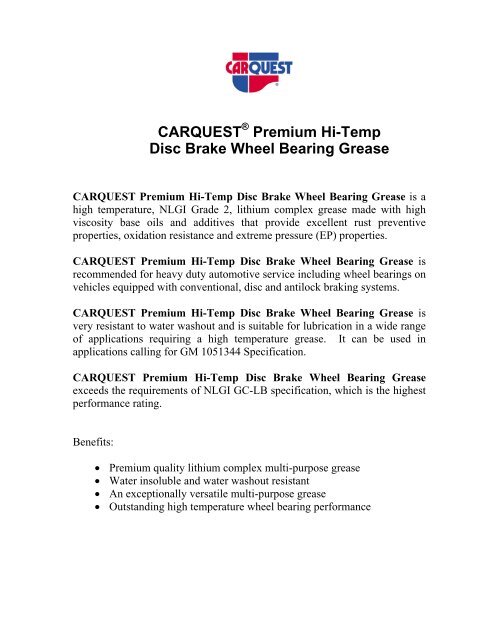 CARQUEST Premium Hi-Temp Disc Brake Wheel Bearing ... - Titan Air