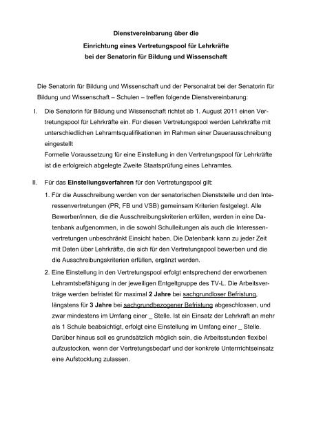 Dienstvereinbarung Vertretungspool - Personalrat Schulen Bremen