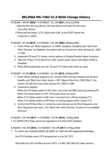 BELINEA MS-7383 V1.0 BIOS Change History