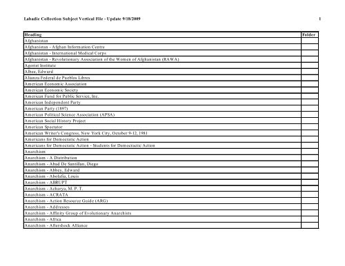 Labadie Collection Subject Vertical File - Update 9/18/2009 1 ...