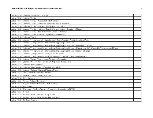 Labadie Collection Subject Vertical File - Update 9/18/2009 1 ...