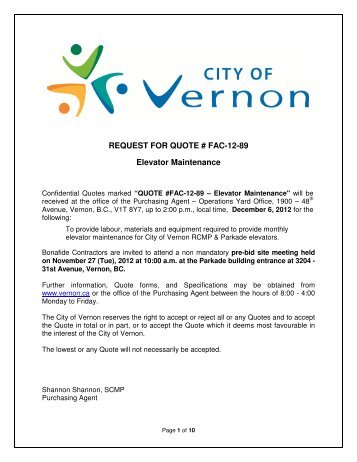 REQUEST FOR QUOTE # FAC-12-89 Elevator ... - City of Vernon