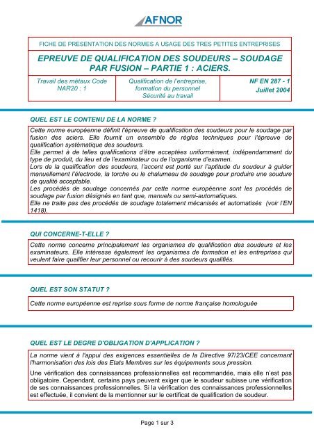 MÃ©taux Fiche NF EN 287-1