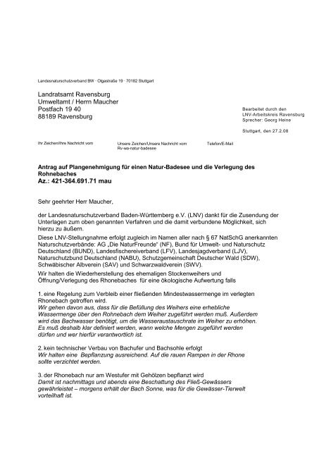 Landratsamt Ravensburg Umweltamt / Herrn Maucher Postfach 19 ...