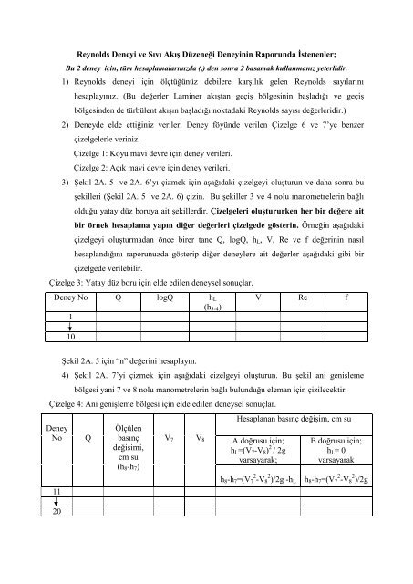 Reynolds Deneyi Ve Sıvı Akış Düzeneği Deney Raporunda İstenenler