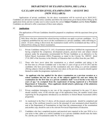 examination - august 2012 - Department of Examinations - Sri Lanka