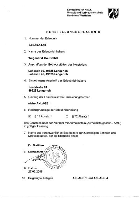Herstellungserlaubnis Tierarzneimittel (PDF 192kB) - Wagener & Co.