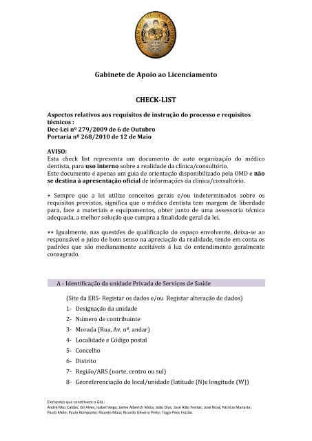 Gabinete de Apoio ao Licenciamento CHECK-âLIST