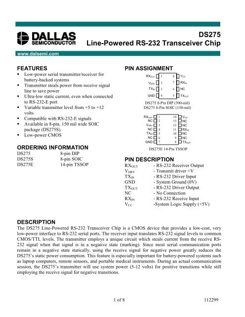 DS275 Line-Powered RS-232 Transceiver Chip