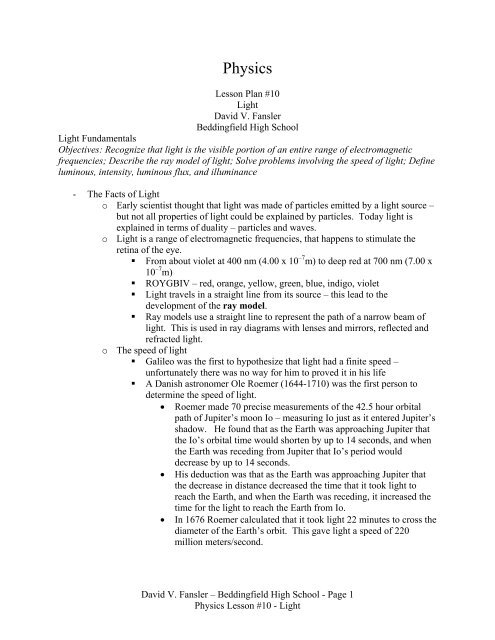 Physics Lesson Plan 10 A Light The Fansler S