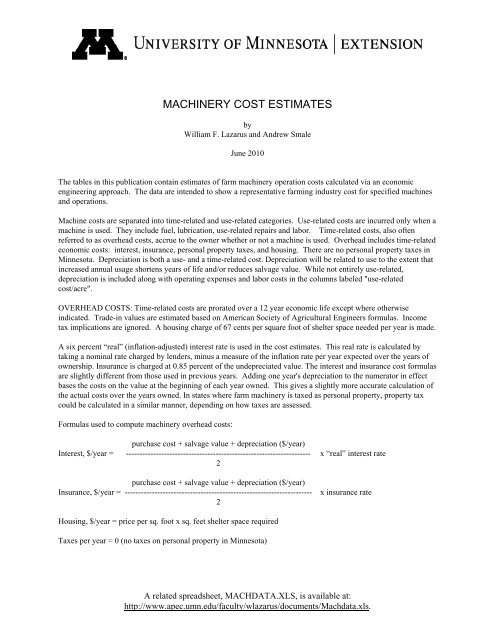 MACHINERY COST ESTIMATES - University of Minnesota