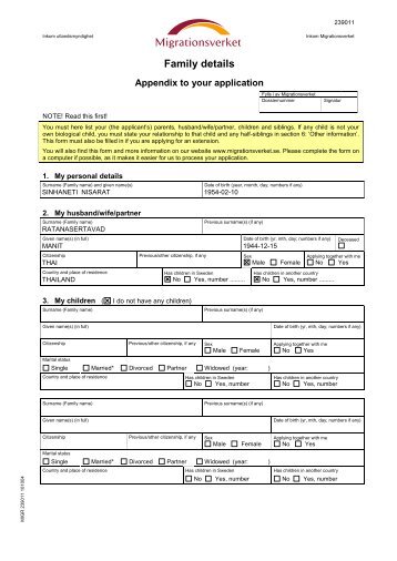 Family details - appendix to yor application, 239011