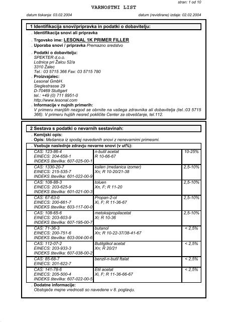 VARNOSTNI LIST - Spekter, doo